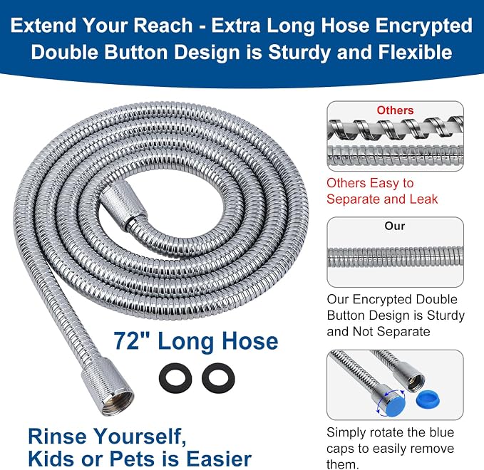 Shower Head with Handheld: Long Hose and Metal Holder, Water Saver Low Flow | All Metal Holder and Long Hose, Multi Mode Adjustment High Pressure Showerhead Sprayer
