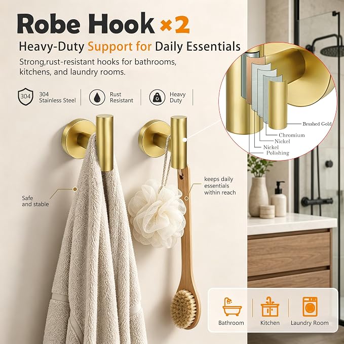 5 Piece Brushed Gold Bathroom Hardware Accessories Set, 24" Towel Bar Set | Bathroom Towel Rack Set with Wall Mounted SUS304 Stainless Steel , Double Post Toilet Paper Holder, Towel Ring & Robe Hooks