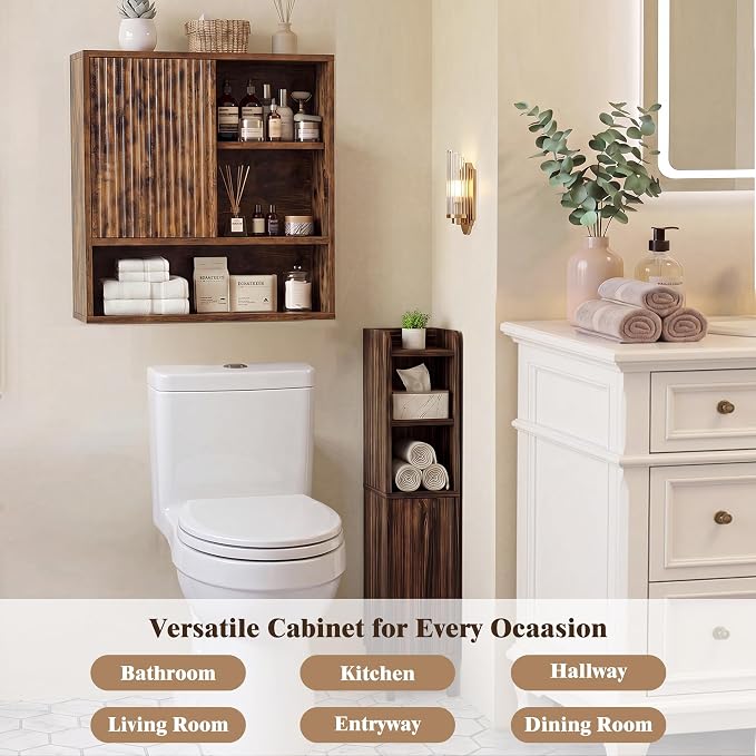 Farmhouse Bathroom Wall Cabinet Wooden Fluted Medicine Cabinet Rustic Brown | FerniTry Over Toilet Storage Cabinet with Adjustable Shelf, Wood Wall Mounted Storage Cabinet Organizer