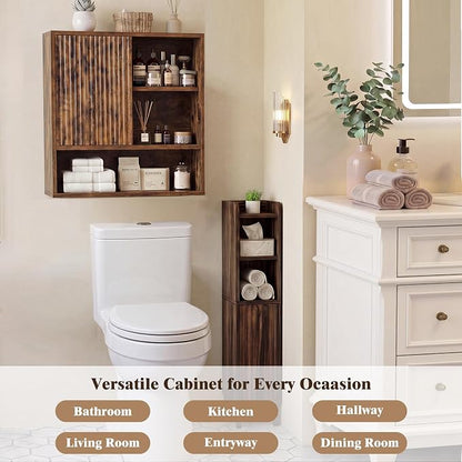 Farmhouse Bathroom Wall Cabinet Wooden Fluted Medicine Cabinet Rustic Brown | FerniTry Over Toilet Storage Cabinet with Adjustable Shelf, Wood Wall Mounted Storage Cabinet Organizer