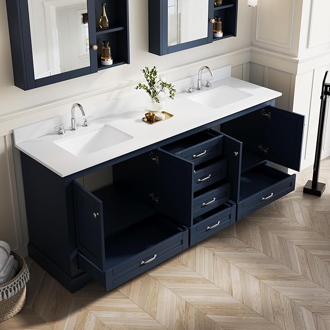 WELLFOR 80" Bathroom Vanity with Double Sinks, Bathroom Freestanding Vanity W/4 Soft-Close Doors and 6 Drawers, Large Storage Space Vanity, Cultured Marble Countertop (Navy Blue)