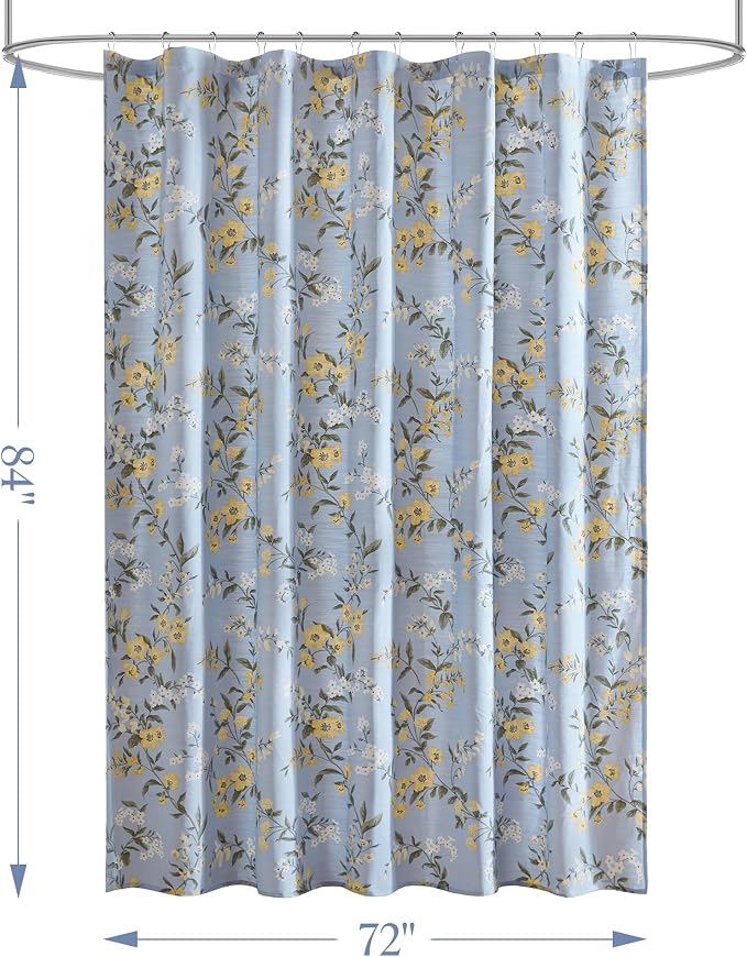 Martha Stewart Meadow Floral Extra Long Shower Curtain, 72 x 84, Blue | Adds Privacy, Machine Washable, Farmhouse, OEKO-TEX Certified, Cotton-Rich Slub Texture