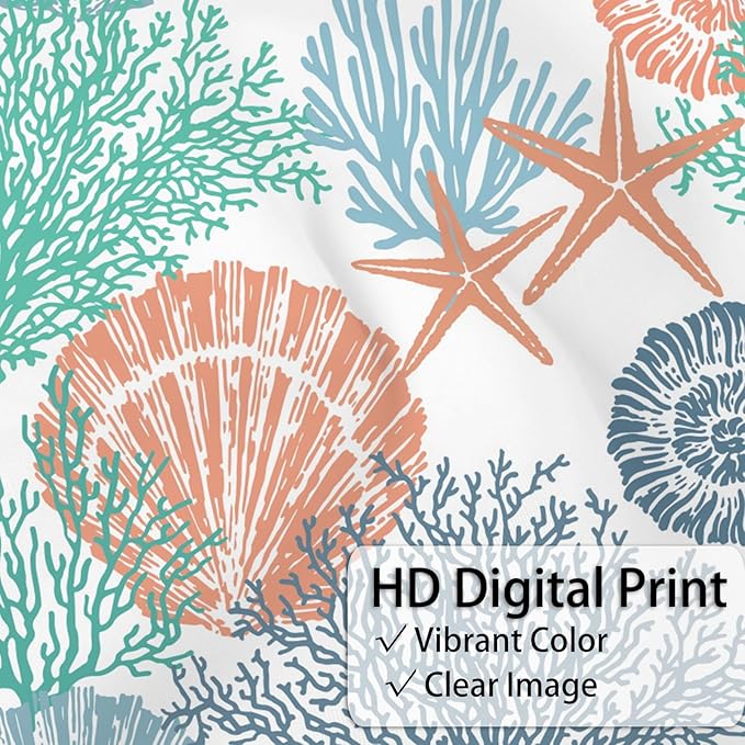 Nautical Coastal Shower Curtain, Green Navy Blue Orange Ocean Beach Seashell Starfish Themed Bathroom Curtain Waterproof Fabric Machine Washable with Hooks, 72" Wx84 L