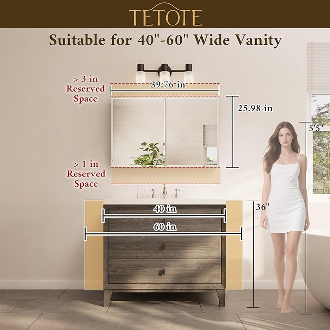TETOTE 40 x 26 Medicine Cabinet with Mirror with Tempered Beveled MirrorWhiteMedicine Cabinet Aluminum Cabinet DTC Hinges, Stepless Adjustable Shelves, Recessed/Surface-Mounted