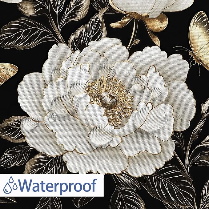 Black and Gold Boho Floral Shower Curtain, Vintage Unique Dark Flowers Botanical Aesthetic Decorative Shower Curtain, Pretty Gold Boho Farmhouse Fabric Curtain Bathroom Accessories with Hooks 72"x72"