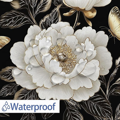 Black and Gold Boho Floral Shower Curtain, Vintage Unique Dark Flowers Botanical Aesthetic Decorative Shower Curtain, Pretty Gold Boho Farmhouse Fabric Curtain Bathroom Accessories with Hooks 72"x72"