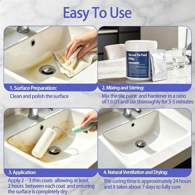 Oriflame Tile Paint: Tub & Tile Refinishing Kit 17.6oz with Tools - White Water Based Bathtub Sink Paint with Hardener - Low Odor for Bathroom Shower Kitchen Countertop Porcelain, 25-30sq.ft