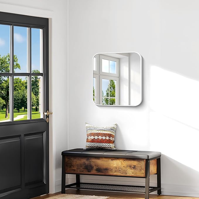 BONEWEI White Bathroom Mirror,24x24 inch Wall Mirror for Bathroom Wall Mounted,Rectangle Mirror for Bathroom Over Sink,Modern Frame Round Corner for Living Room,Bedroom Entryway,Horizontal/Vertical