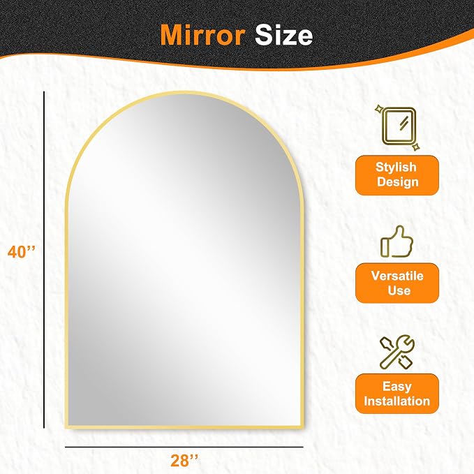 Arched Bathroom Mirror, Gold, 28"x40" | Wall Mounted, Vanity Mirror, For Bedroom, Living Room and Entryway
