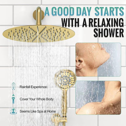 SR SUN RISE Shower Faucet - Multifunctional High Pressure Shower Head System with Handheld Shower Head Fixtures - Valve Included (Brushed Gold, 12 inch)