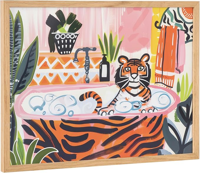 Kate and Laurel Bold Maximalist Tiger in Bubble Bath Framed Wall Art by The Creative Bunch Studio; 16x12 Natural; Cute Animal Bathroom Art for Wall