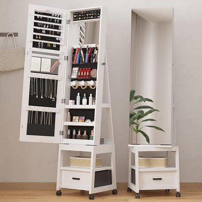 GAOMON 360° Swivel Jewelry Armoire, Floor Standing Locking with Full Length Mirror, Inside Makeup Mirror, Bottom Drawer, Rear Storage Shelves, Wheels, Cabinet with Large Storage Capacity, White