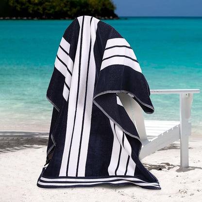 Superior Oversized Cotton Beach Towel Set of 4, Absorbent Towels for Bathroom, Beach, Pool, Swim, Adults, Kids, Vacation, Travel, Bath Sheet, Quick Dry Basics, Trip Essentials, Striped Decor, Blue