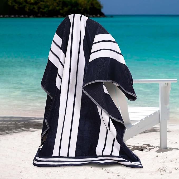 Superior Oversized Cotton Beach Towel Set of 6, Absorbent Towels for Bathroom, Beach, Pool, Swim, Adults, Kids, Vacation, Travel, Bath Sheet, Quick Dry Basics, Trip Essentials, Striped Decor, Blue