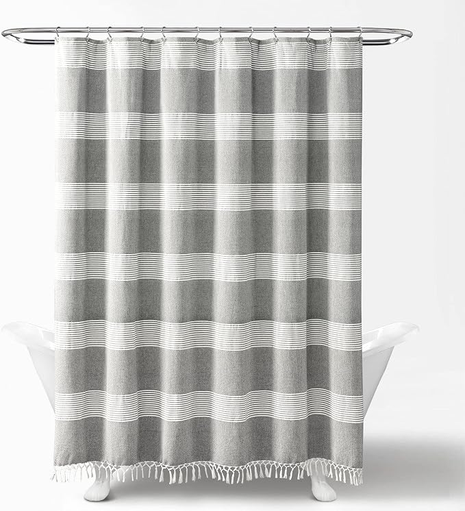 Lush Decor Tucker Stripe Yarn Dyed Cotton Knotted Tassel Shower Curtain, 72" x 72", Gray (16T004684)