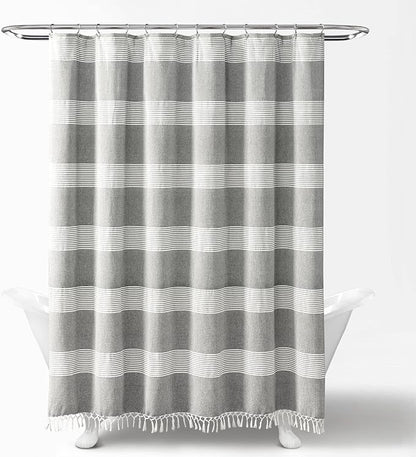 Lush Decor Tucker Stripe Yarn Dyed Cotton Knotted Tassel Shower Curtain, 72" x 72", Gray (16T004684)