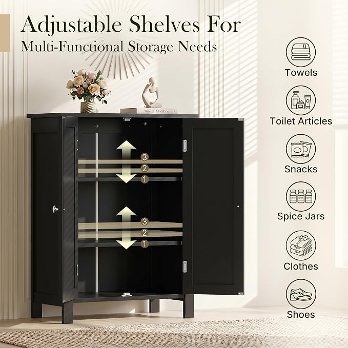 ZENY Bathroom Floor Storage Cabinet with Double Door + Adjustable Shelf, Wooden Organizer Cabinet for Living Room, Bathroom, Bedroom, Modern Home Furniture (Black)