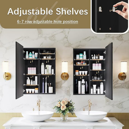 20x26 Medicine Cabinet with Mirror, 6 Adjustable Tempered Glass Shelves, Matte Black Aluminum Bathroom Storage, Soft-Close DTC Hinges, Surface or Recessed Mount, Tempered Beveled Mirror