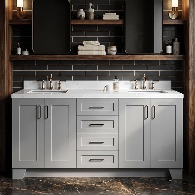 DKB Emilia 72 Inch Bathroom Vanity Double Sink — Grey Bathroom Vanity with Sink, 1.5" Edge Carrara White Quartz Countertop & Backsplash, 4 Soft-Close Doors, and 6 Dovetail Drawers