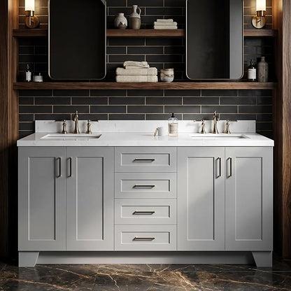 DKB Emilia 72 Inch Bathroom Vanity Double Sink — Grey Bathroom Vanity with Sink, 1.5" Edge Carrara White Quartz Countertop & Backsplash, 4 Soft-Close Doors, and 6 Dovetail Drawers