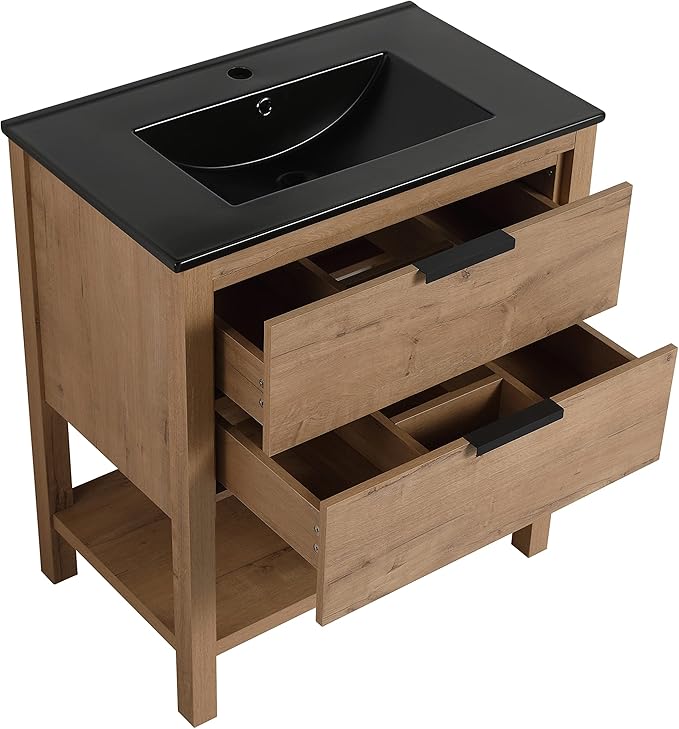 SSLine Free Standing Bathroom Vanity with Sink Modern 30" Bathroom Vanity with Top Basin&Storage Drawers Oak Wood Bath Vanity w/Black Ceramic Sink for Small Bathroom Powder Room