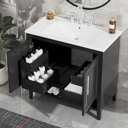 LUMISOL 36 Inch Bathroom Vanity with Ceramic Sink, Modern Black Bathroom Sink Cabinet with 2 Drawers, Storage Racks & Open Shelf, Solid Wood Bathroom Vanity with Sink Combo, Black