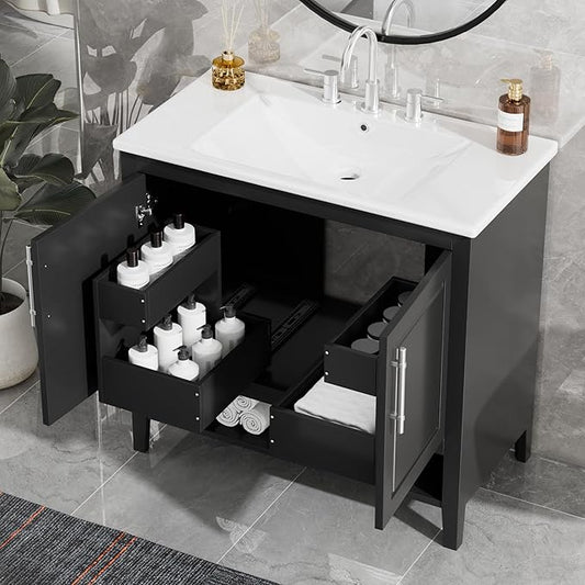 LUMISOL 36 Inch Bathroom Vanity with Ceramic Sink, Modern Black Bathroom Sink Cabinet with 2 Drawers, Storage Racks & Open Shelf, Solid Wood Bathroom Vanity with Sink Combo, Black