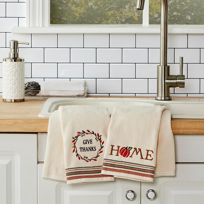 SKL Home Fall/Thanksgiving Give Thanks/Home Hand Towel Set-2pc, Natural | 100% Cotton. Soft, decorative velour with embroidery. For use in the bathroom, kitchen or bar & gifting.