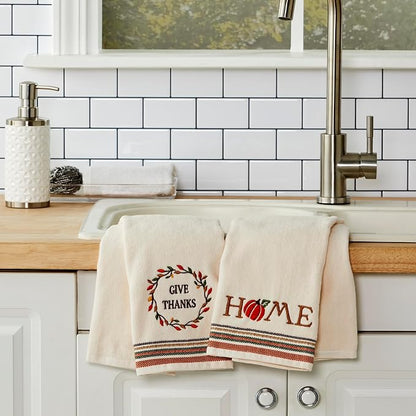 SKL Home Fall/Thanksgiving Give Thanks/Home Hand Towel Set-2pc, Natural | 100% Cotton. Soft, decorative velour with embroidery. For use in the bathroom, kitchen or bar & gifting.
