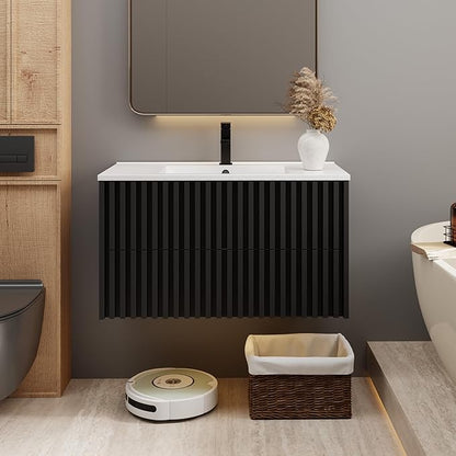 eclife 36" Floating Bathroom Vanity with Sink Combo, Modern Wall Mounted Cabinet with 2 Fluted Drawers, Undermount Sink, Faucet, Drain, Black