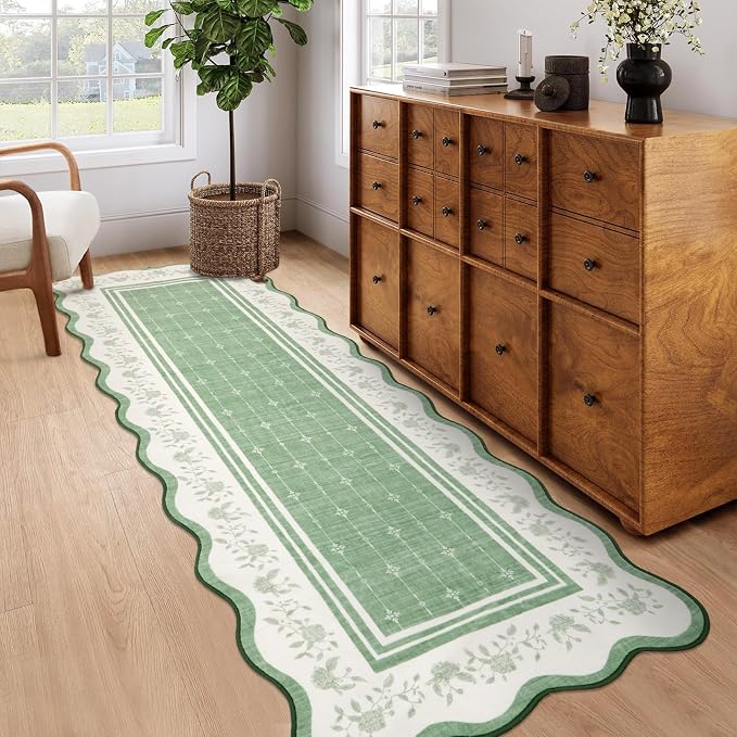 Garvee 2x6 Runner Rug Scalloped Kitchen Runner Rug Entryway Runners Green | Washable Non Slip Modern Bordered Foldable Thin Accent Carpet Low Pile Soft Nursery Rugs for Hallway Bathroom Bedside Laundry