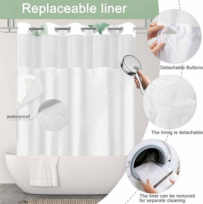 No Hook Shower Curtain and Liner Set, Green Boho Floral 71x84 | Watercolor Boho Flower, with Snap in Liner, Waterproof, Machine Washable, Quick-Drying, for Hotel Bathroom