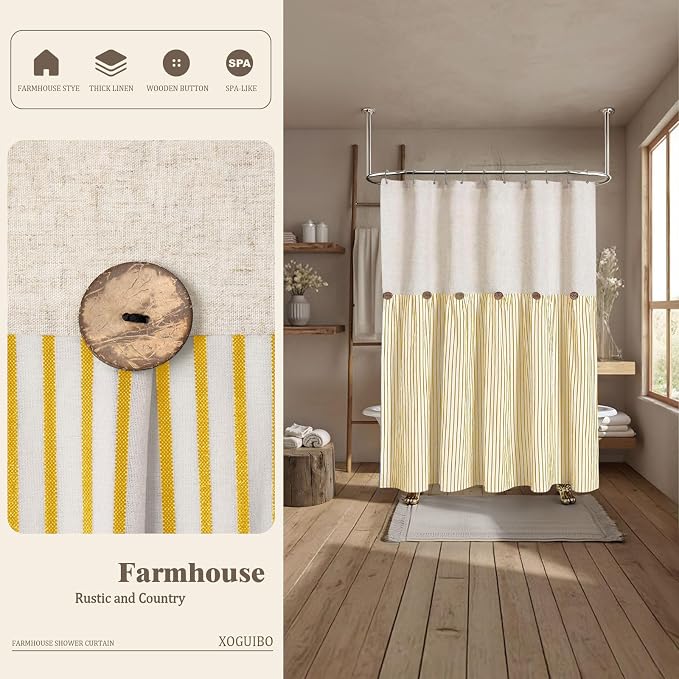 Farmhouse Shower Curtain Linen Button Yellow Stripe 72" W x 72" L | Farmhouse Style, Chic Button, Striped, Linen Fabric, Rustic, Country, Natural Look, Washable, for Bathroom Bathtub