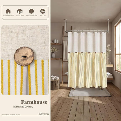 Farmhouse Shower Curtain Linen Button Yellow Stripe 72" W x 72" L | Farmhouse Style, Chic Button, Striped, Linen Fabric, Rustic, Country, Natural Look, Washable, for Bathroom Bathtub