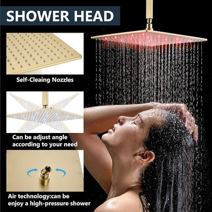 Aolemi Ceiling Shower Faucet Set with Handheld 16" LED Head Brushed Gold | Handheld Spray,16 Inch Rain LED Head,Shower Valve and Trim Kit,All Metal,Ceiling System,Bathroom Mixer