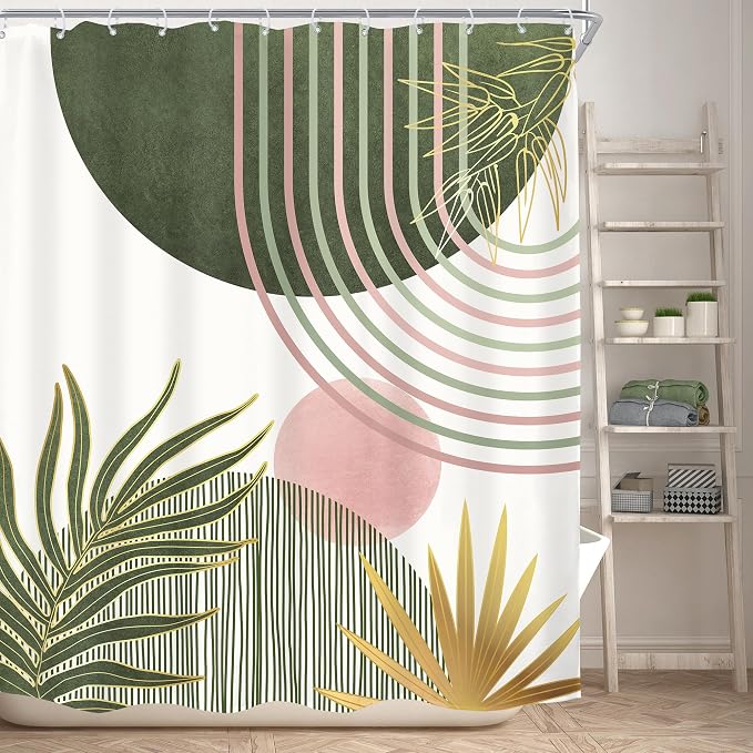 Mid Century Sage Green Pink Boho Abstract Bathroom Shower Curtain Set | 60Wx72L S Plant design, waterproof HD print with fast-drying fabric and 12 hooks.