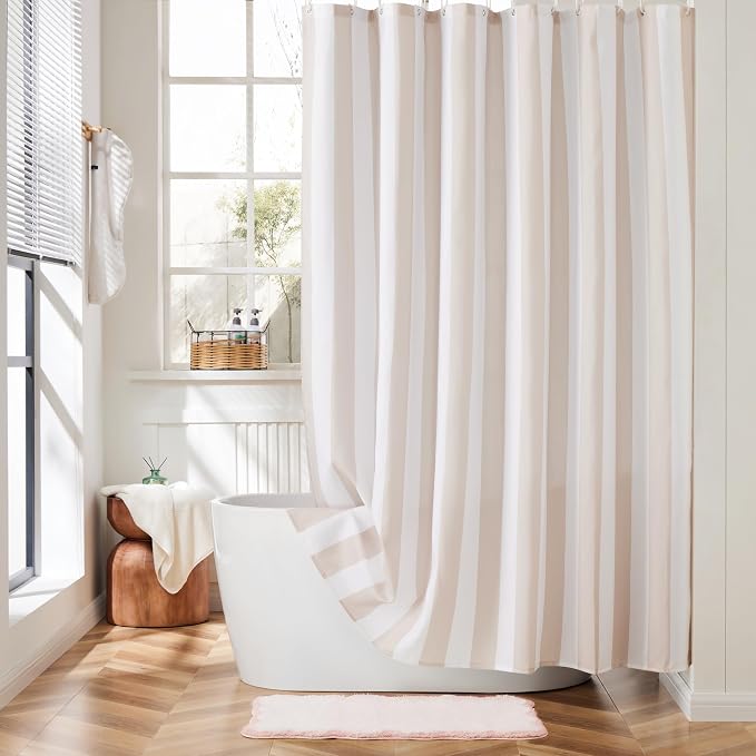 Ohocut Vertical Striped Shower Curtain, Cute Retro Vintage Stripe Bow Bathroom Shower Curtain, Waterproof Polyester Fabric Modern Bath Curtain for Bathroom 72x72 Inches Beige