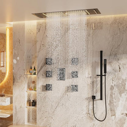 CASAINC Thermostatic Shower System with Body Jets, 36x12 Inch Luxury 6 Functions Waterfall Shower Jets System, Multifunctional Full Body Shower System with Sliding Rod Hand Shower, LED & Music