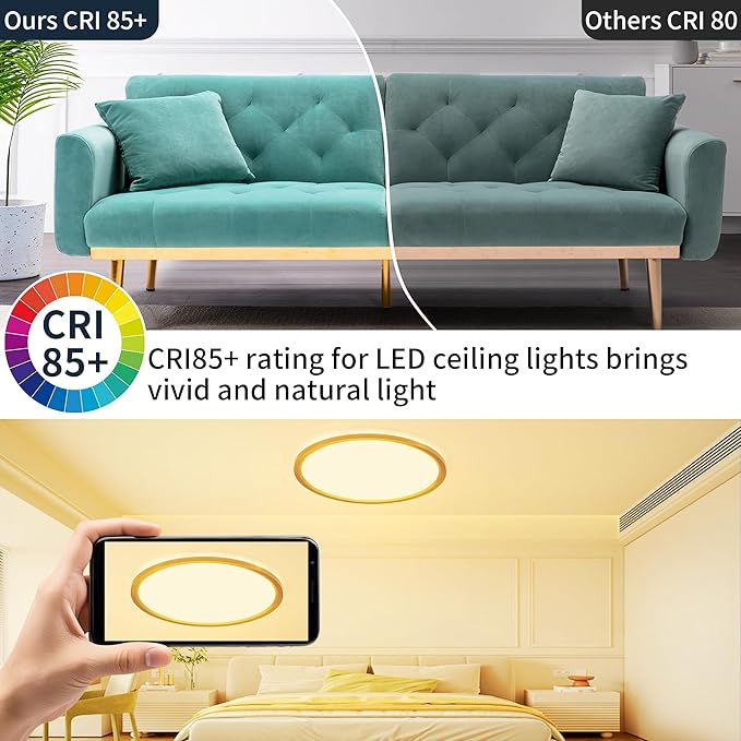MOONSEA 16 Inch Flush Mount LED Ceiling Light Fixture 32W, 3200LM Dimmable 3000K/4000K/6500K 3 Color Selectable, Low Profile Ceiling Lamp for Kitchen Bedroom Hallway, Gold