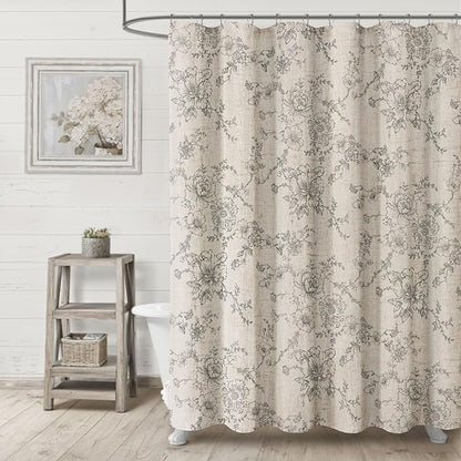 Farmhouse Floral Linen Shower Curtain, Vintage Grey Pattern Rustic Shower Curtains for Bathroom, Tan Taupe,Gray,72x72