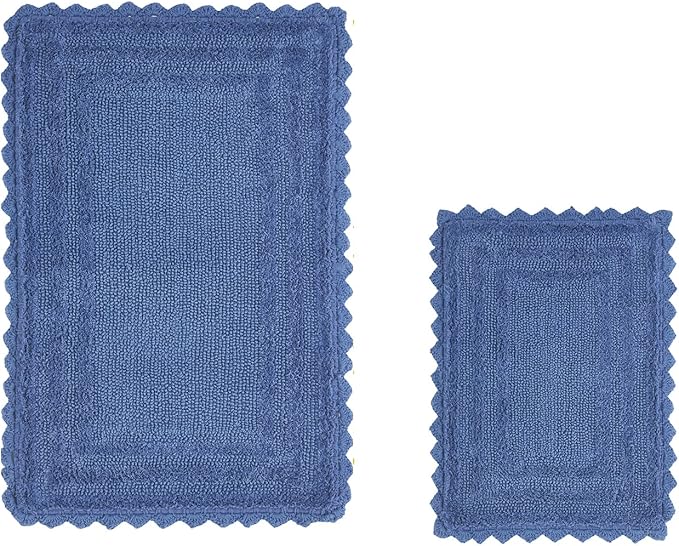 Better Trends Lilly Crochet Collection 100% Cotton 2 Piece Set (17" x 24" | 24" x 40") Bath Rug Set in Blue