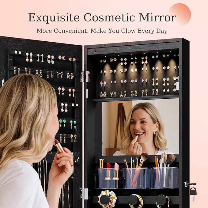 Unisakey Mirror Jewelry Cabinet,Lockable Wall or Door Mounted Jewelry Armoire Organizer With Built-up Mirror,LED Lights, Drawers,Cosmetic Trays,Shelves, 14.4"x3.15"x 43.1"（Black） | Door or Wall Mount Flexible,Drawers Cosmetic Trays Shelves Inside,Built...