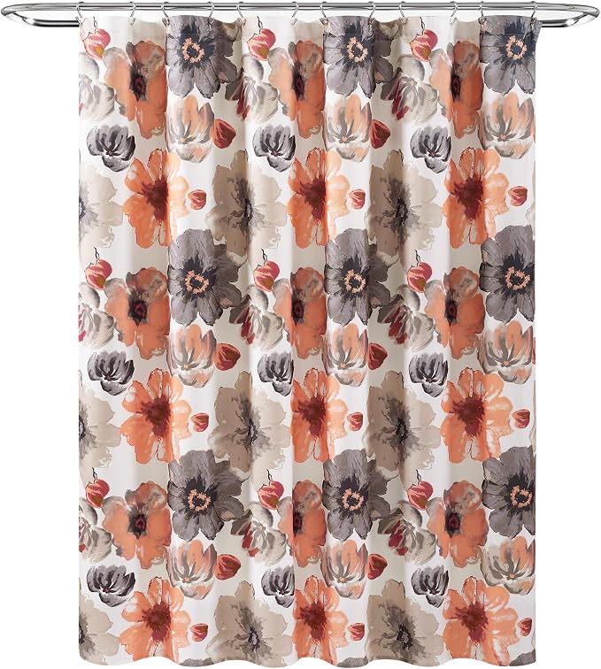 Lush Decor Leah Floral Shower Curtain, 72" W x 72" L, Coral & Gray - Fabric Shower Curtains - Watercolor Botanical Bathroom Curtain - Farmhouse & French Country Decor