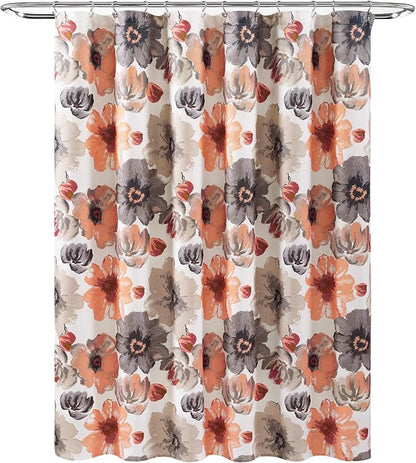 Lush Decor Leah Floral Shower Curtain, 72" W x 72" L, Coral & Gray - Fabric Shower Curtains - Watercolor Botanical Bathroom Curtain - Farmhouse & French Country Decor