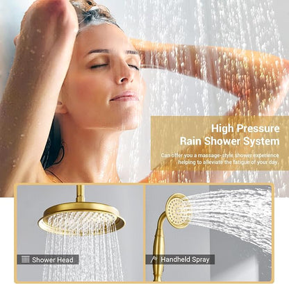 DASAN Rain Shower System Complete Antique Shower Faucet Sets, Shower Fixtures Combo with Pressure Balance Valve, Trim Kit, 9’’ Rainfall Overhead Shower & Handheld, Color Brushed Gold AT209C-BTG