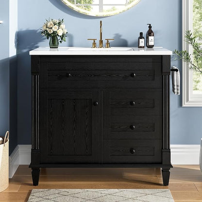 LIKIMIO 36 Inch Bathroom Vanity with Sink, Towel Holder & Adjustable Solid Wood Legs for Uneven Floor, Modern Bathroom Storage Cabinet with Tip-Out Drawer, 2 Drawers & Adjustable Shelf, Black