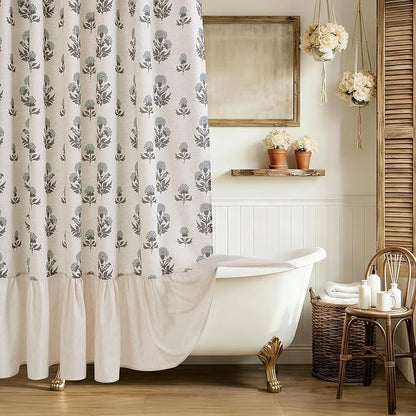 ORTIGIA Linen Textured Ruffle Shower Curtain with Metal Hooks, Vintage Blue Floral Block Print Boho Waterproof Bath Curtain for Rustic Farmhouse Bathroom Decor 72x72 Inch