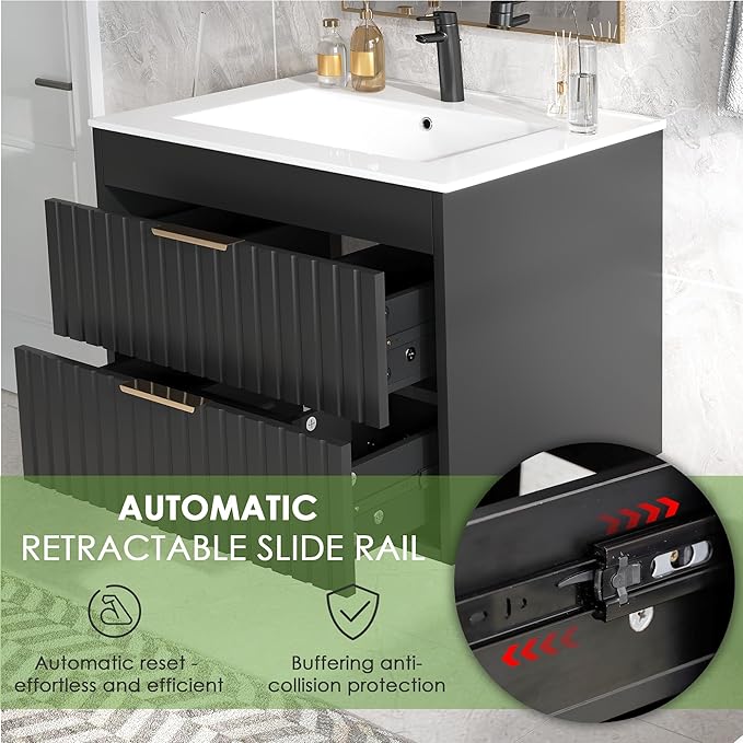 24" Bathroom Vanity with Sink, Floating Bathroom Vanity with 2 Fluted Drawers & Metal Handle, Wall Mounted Cabinets with Integrated Ceramic Sink for Apartment, Home, Black