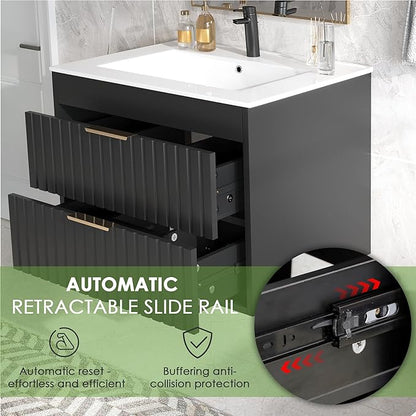 24" Bathroom Vanity with Sink, Floating Bathroom Vanity with 2 Fluted Drawers & Metal Handle, Wall Mounted Cabinets with Integrated Ceramic Sink for Apartment, Home, Black