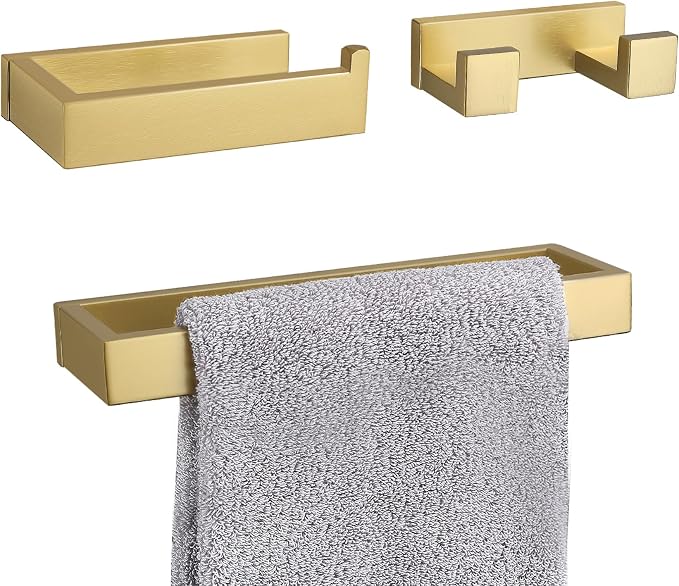 Brushed Gold Bathroom Accessories, Toilet Paper Holder, Towel Bar and Hook | Lairuier 3 Pieces Bathroom Hardware Set, SUS304 Stainless Steel Towel Holder Set Toilet Paper Holder Robe Hook Wall Mounted